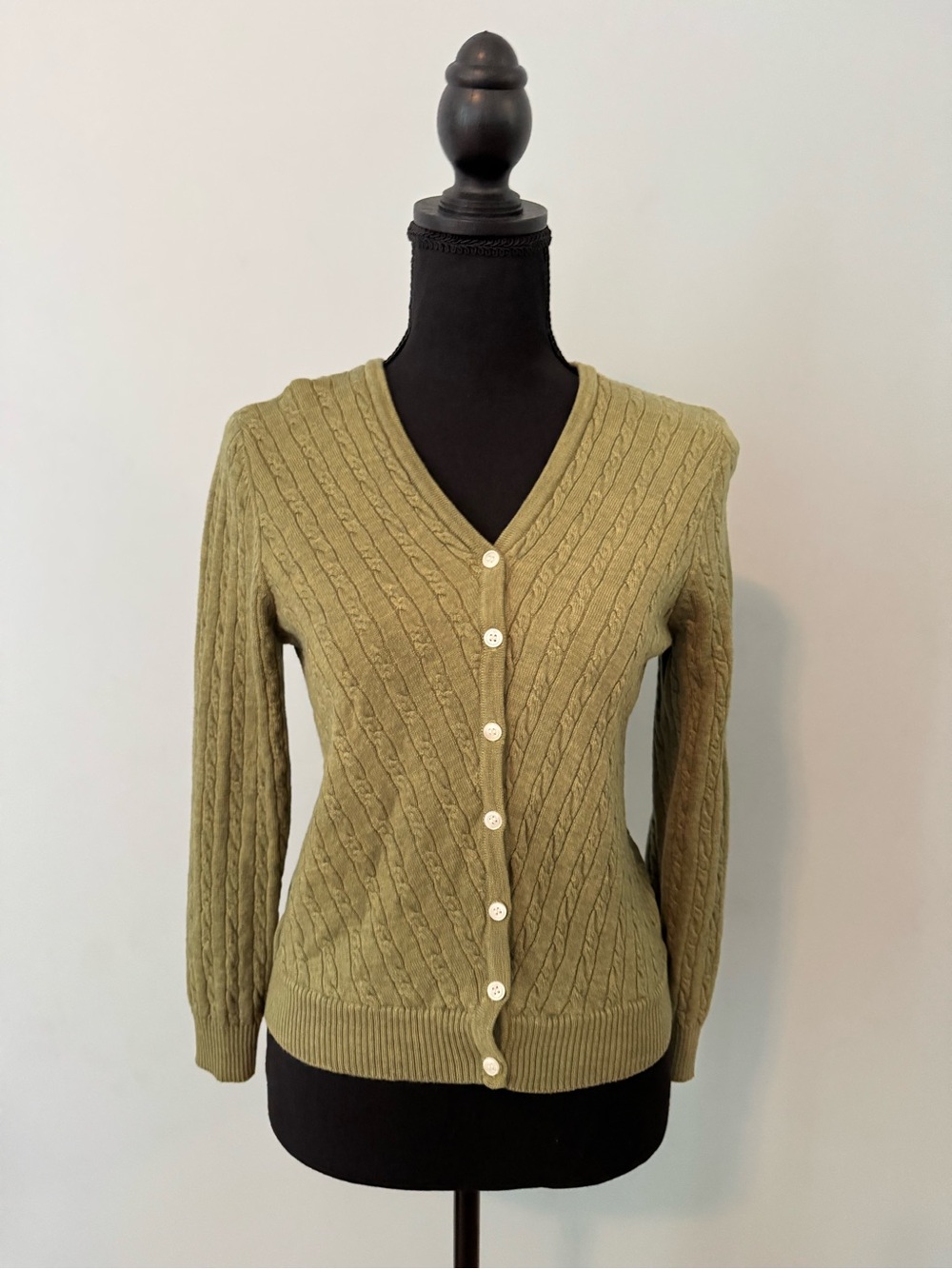 Petite Sophisticate Olive Cable-Knit V-Neck Cardigan